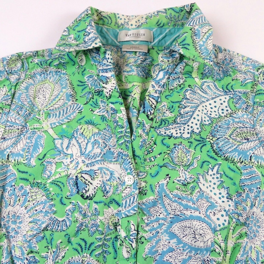 Women VANHEUSEN green blue paisley short sleeve fitted Shirt Size XS